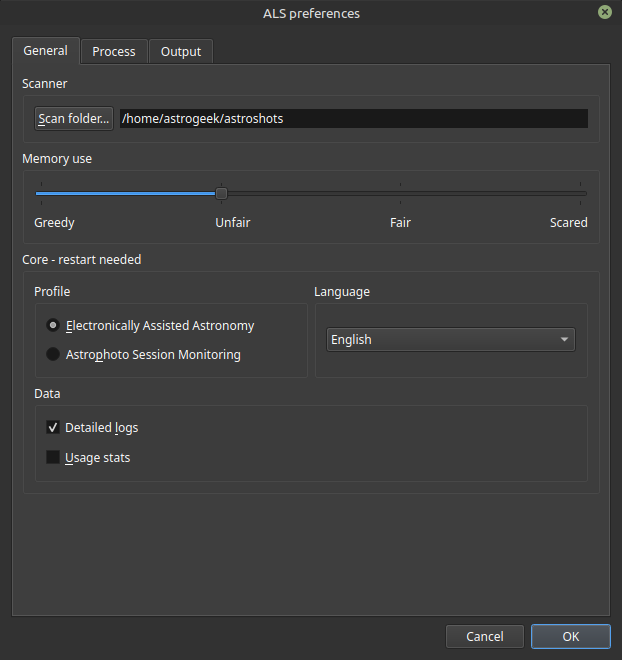 ALS preferences window with the General tab selected, displaying the Paths, Profile, Memory Management, and Basic Settings sections, including scan and work folder paths, profile options, memory slider, language setting, debug logs, and usage statistics.