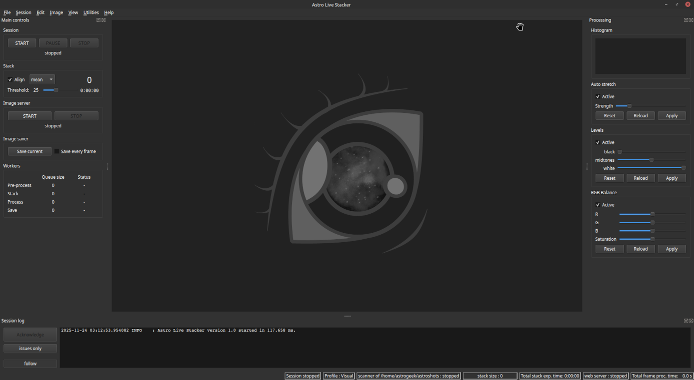 ALS main window showing a software interface for stacking astronomical images in real-time. The interface includes sections for main controls (start, pause, stop), stack settings (align, threshold), image server (start, stop), image saver (save current, save every frame), workers (queue size, status), processing (histogram, auto stretch, levels, RGB balance), and session log.