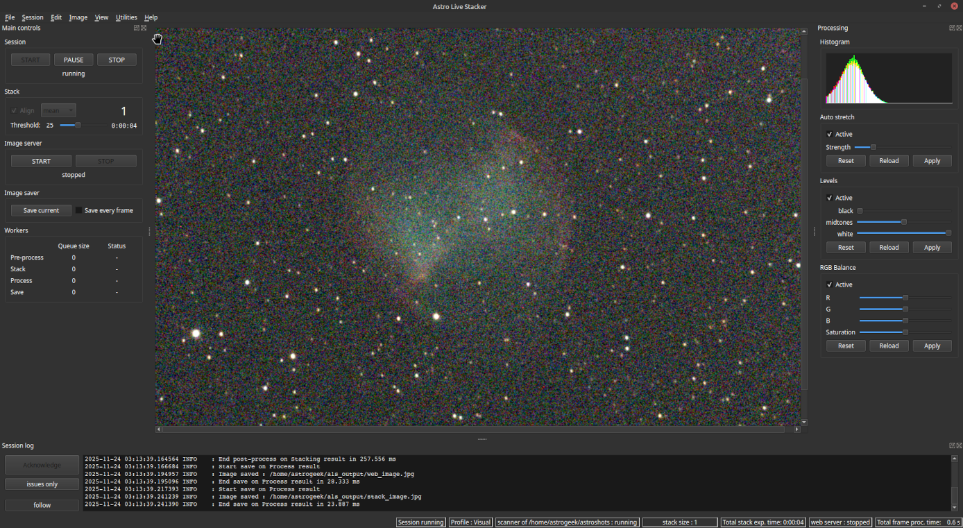 ALS main window after processing the first sub, displaying an initial, slightly noisy image of Messier 27 nebula with scattered stars. The session log shows successful processing messages. The processing panel on the right provides histogram and level adjustments, RGB balance, and auto stretch settings.