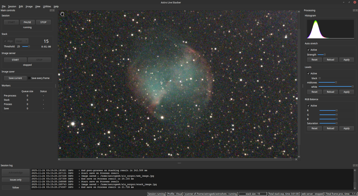 ALS main window after processing the 15th sub, displaying a less noisy and more detailed image of Messier 27 nebula with scattered stars. The session log shows successful processing messages. The processing panel on the right provides histogram and level adjustments, RGB balance, and auto stretch settings.