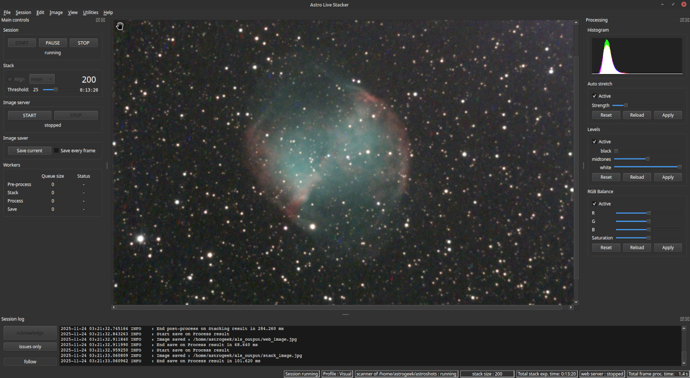 The Astro Live Stacker (ALS) main window after processing the 200th sub, displaying a smooth, detailed, and high-contrast image of the Messier 27 nebula with numerous stars. The session log at the bottom shows successful processing messages and the image saver panel on the left indicates that the images have been saved successfully. The right panel includes processing options such as histogram adjustments, auto stretch, levels, and RGB balance.