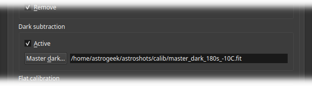 Software interface showing options to use dark subtraction and change the specified master dark path.
