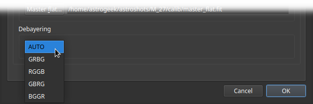 Software interface showing image processing preferences with options for setting Dark path and selecting Debayering pattern, including AUTO and various color filter array patterns.