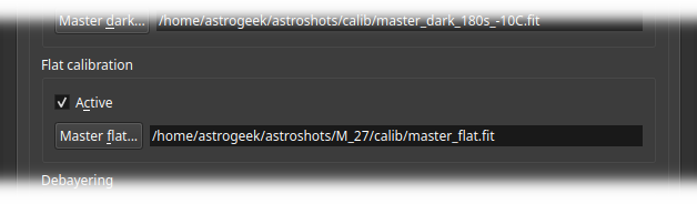 Software interface showing options to use flat calibration and change the specified master flat path