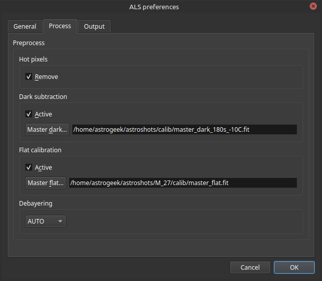 ALS preferences window with Process tab selected, showing settings for pre-processing images, including hot pixel remover, dark subtraction, and debayering pattern options, with paths specified and Change and Clear buttons.