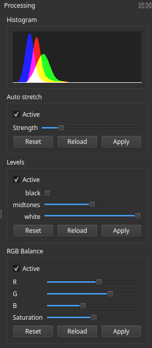 The ALS Processing Panel, including the Histogram, Auto Stretch, Levels, and RGB Balance sections with their respective sliders and controls.