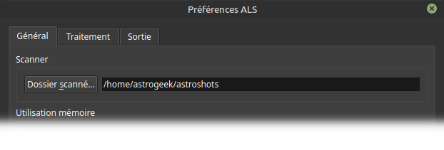 Interface logicielle affichant les paramètres du dossier scanné avec le chemin défini sur /home/astrogeek/astroshots, et un bouton Modifier pour configurer ce chemin.
