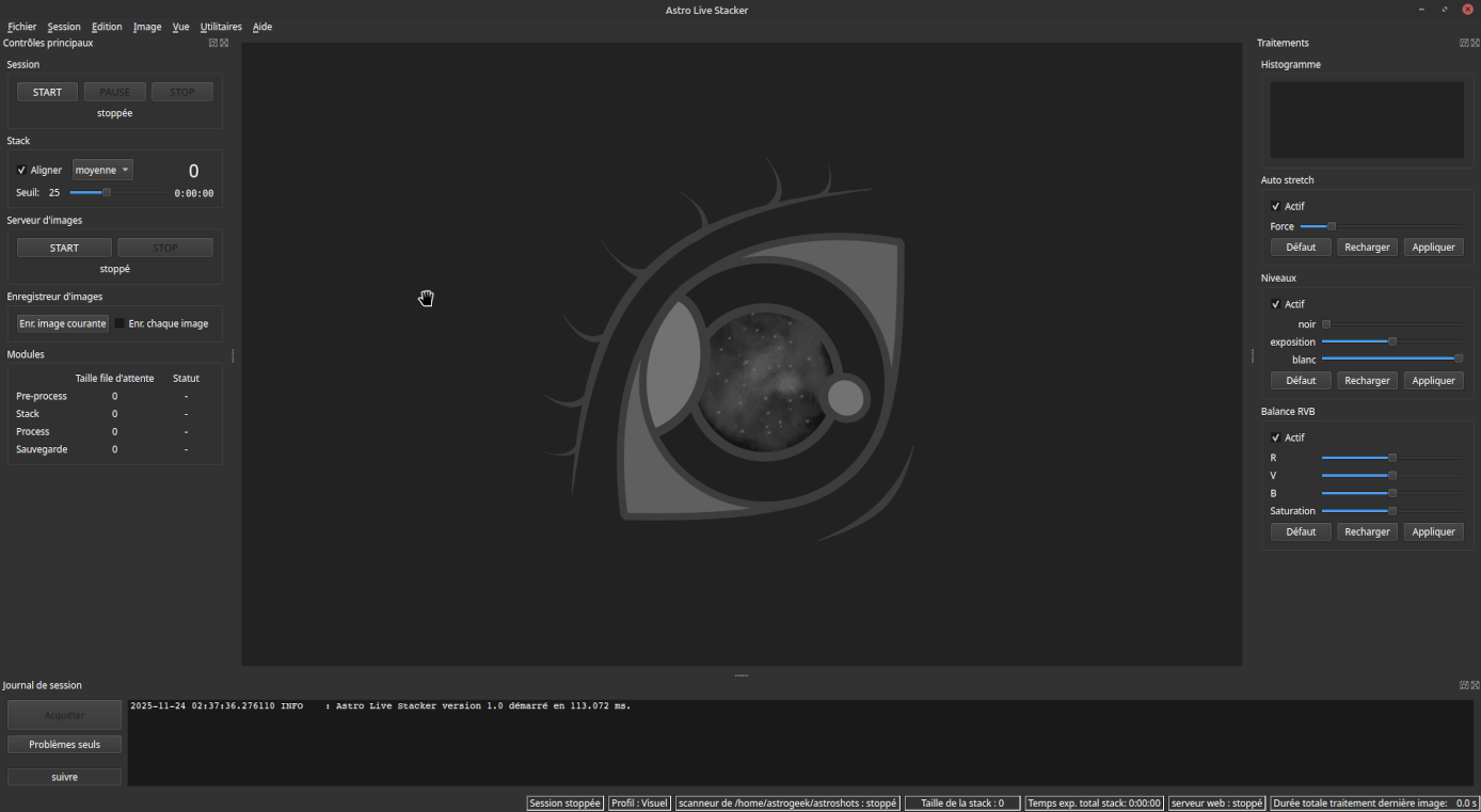 Fenêtre principale d'ALS montrant une interface logicielle pour empiler des images astronomiques en temps réel. L'interface comprend des sections pour les contrôles principaux (démarrer, pause, arrêter), les paramètres d'empilement (aligner, seuil), le serveur d'images (démarrer, arrêter), la sauvegarde d'images (sauvegarder l'image actuelle, sauvegarder chaque image), les modules (taille de la file d'attente, statut), le traitement (histogramme, étirement automatique, niveaux, balance RGB) et le journal de session.