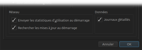 Préférences Réseau et Données montrant les options Envoyer les statistiques d'utilisation au démarrage, Rechercher les mises à jour au démarrage et Journaux détaillés.