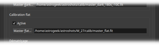 Interface logicielle affichant les options pour utiliser la calibration flat et changer le chemin du master flat.