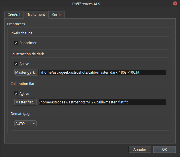 Fenêtre de préférences ALS avec l'onglet Traitement sélectionné, affichant les paramètres de prétraitement des images, y compris les options de suppression des pixels chauds, de soustraction dark et de motif de dématriçage, avec chemins spécifiés et boutons Modifier et Effacer.
