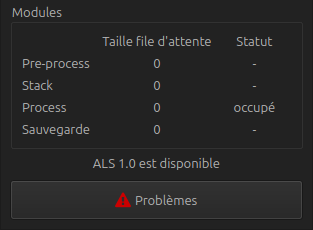 Les sections Modules, Mise à jour disponible et Problèmes. Les files d'attente sont vides, le module Process est occupé, ALS 1.0 est disponible et le bouton Problèmes est affiché.