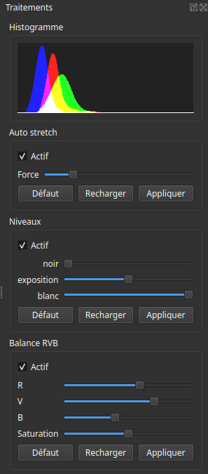 Le panneau Traitements de ALS, incluant les sections Histogramme, Auto Stretch, Niveaux, et Balance RVB avec leurs curseurs et contrôles associés.